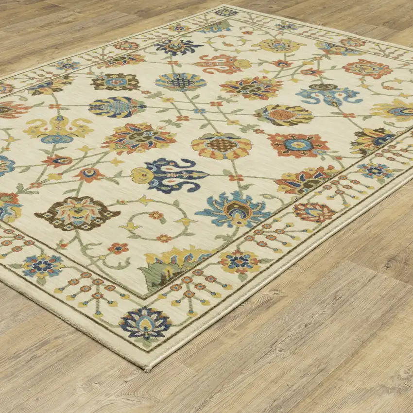 Ivory Blue And Yellow Oriental Area Rug With Fringe Photo 9