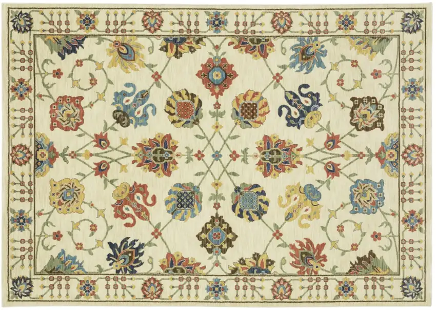 Ivory Blue And Yellow Oriental Area Rug With Fringe Photo 2