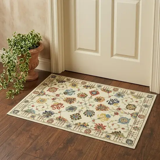 Ivory Blue And Yellow Oriental Area Rug With Fringe Photo 1