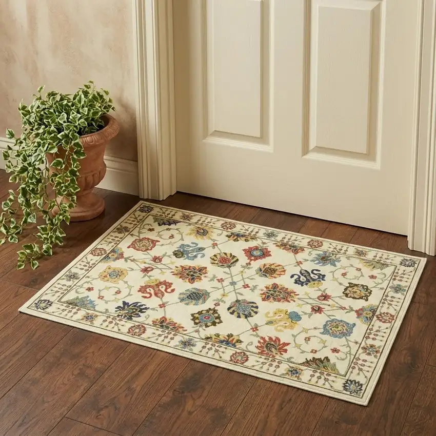 Ivory Blue And Yellow Oriental Area Rug With Fringe Photo 1