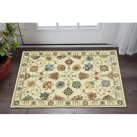Ivory Blue And Yellow Oriental Area Rug With Fringe Photo 1