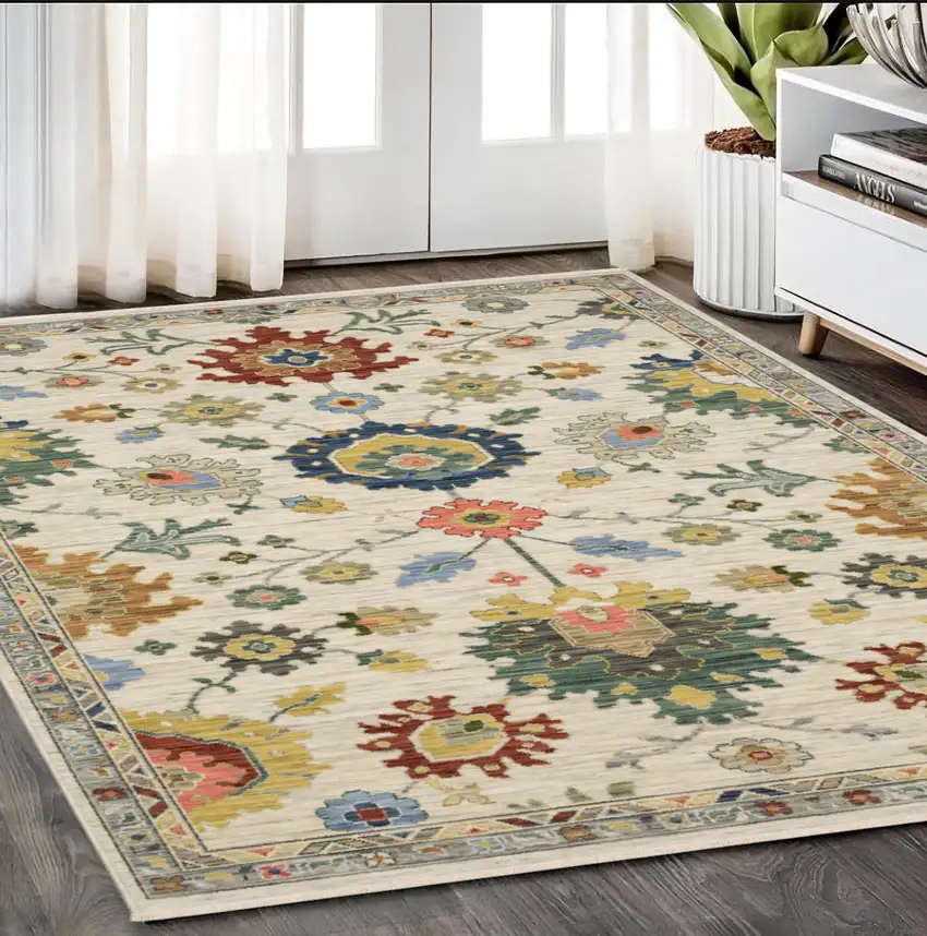 Ivory Blue And Yellow Oriental Area Rug With Fringe Photo 1
