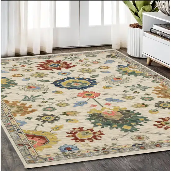 Ivory Blue And Yellow Oriental Area Rug With Fringe Photo 1