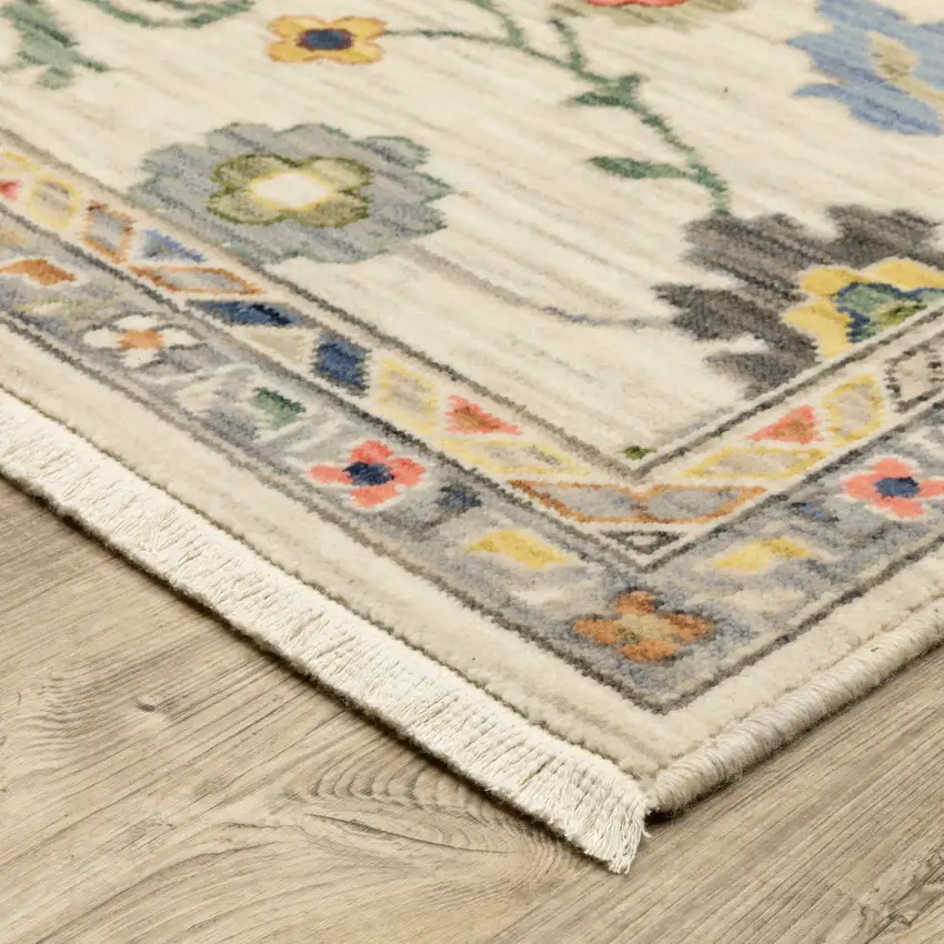 Ivory Blue And Yellow Oriental Area Rug With Fringe Photo 9