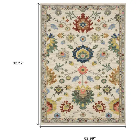 Ivory Blue And Yellow Oriental Area Rug With Fringe Photo 3