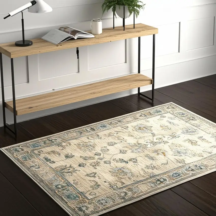 Ivory Blue Gold And Grey Oriental Power Loom Stain Resistant Area Rug Photo 1