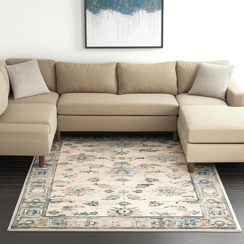 Ivory Blue Gold And Grey Oriental Power Loom Stain Resistant Area Rug Photo 1