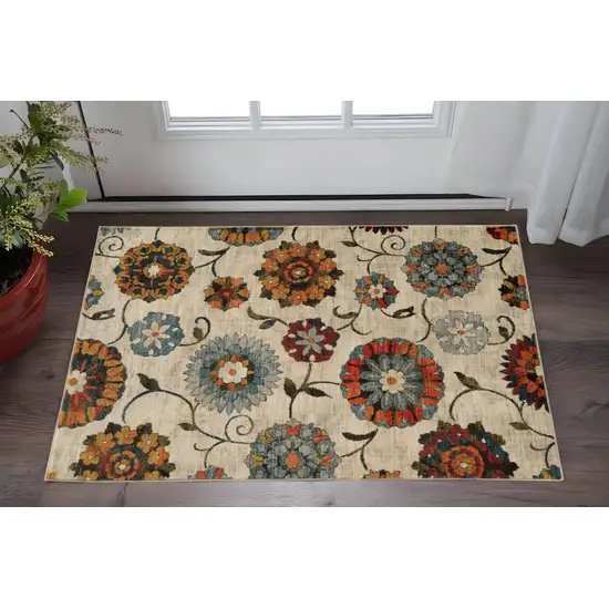Ivory Blue Gold Green Orange Rust And Teal Floral Power Loom Stain Resistant Area Rug Photo 1