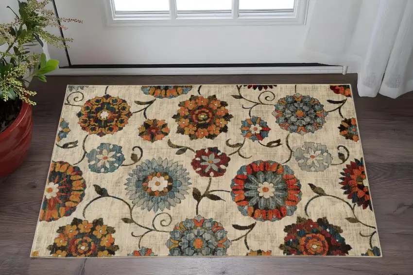 Ivory Blue Gold Green Orange Rust And Teal Floral Power Loom Stain Resistant Area Rug Photo 1