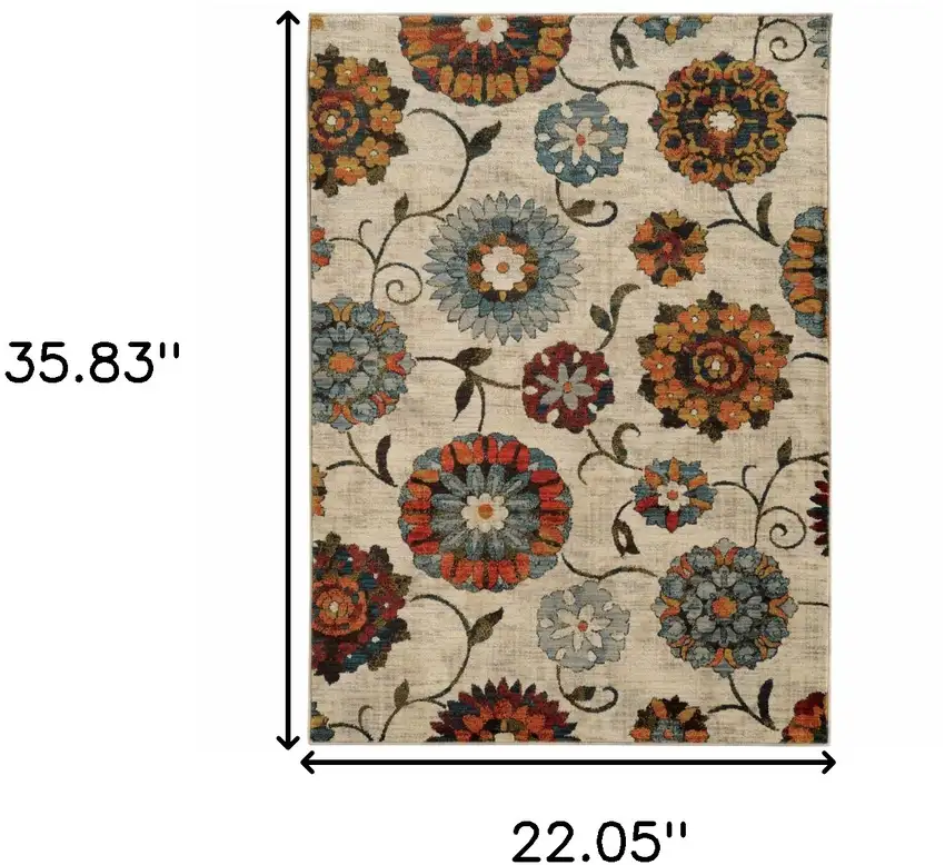 Ivory Blue Gold Green Orange Rust And Teal Floral Power Loom Stain Resistant Area Rug Photo 6