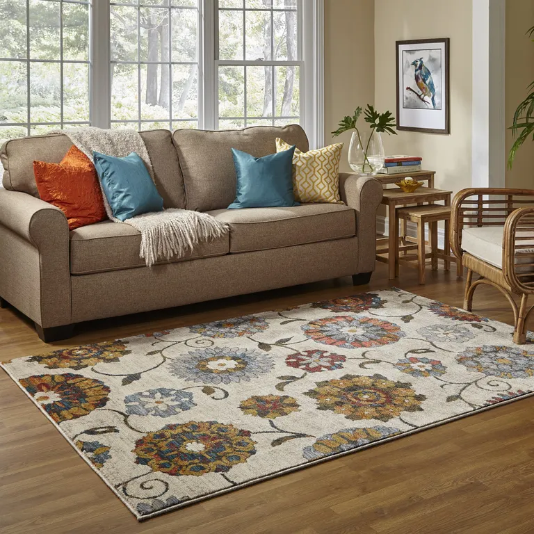 Ivory Blue Gold Green Orange Rust And Teal Floral Power Loom Stain Resistant Area Rug Photo 5