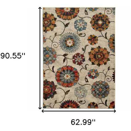 Ivory Blue Gold Green Orange Rust And Teal Floral Power Loom Stain Resistant Area Rug Photo 6