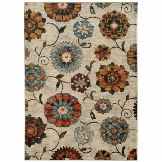 Ivory Blue Gold Green Orange Rust And Teal Floral Power Loom Stain Resistant Area Rug Photo 1