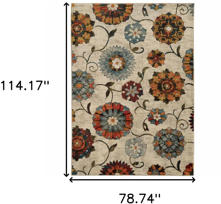 Ivory Blue Gold Green Orange Rust And Teal Floral Power Loom Stain Resistant Area Rug Photo 5