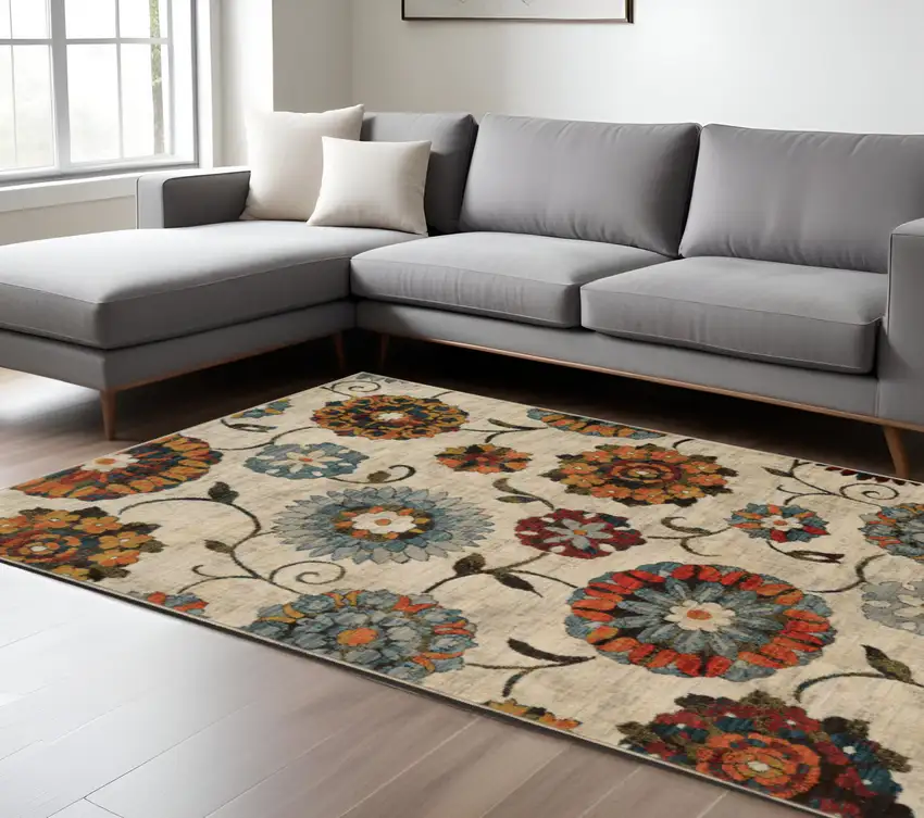 Ivory and Blue Floral Power Loom Area Rug Photo 1