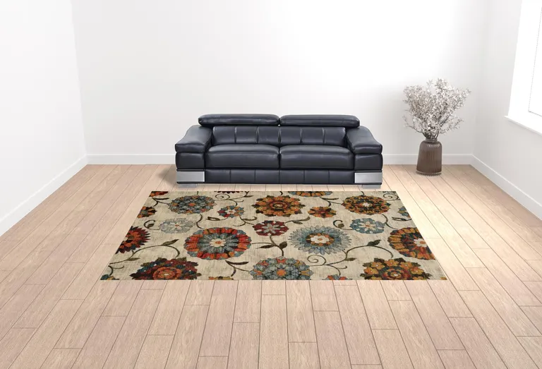Ivory Blue Gold Green Orange Rust And Teal Floral Power Loom Stain Resistant Area Rug Photo 2