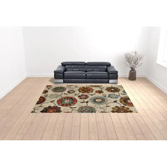 Ivory Blue Gold Green Orange Rust And Teal Floral Power Loom Stain Resistant Area Rug Photo 2