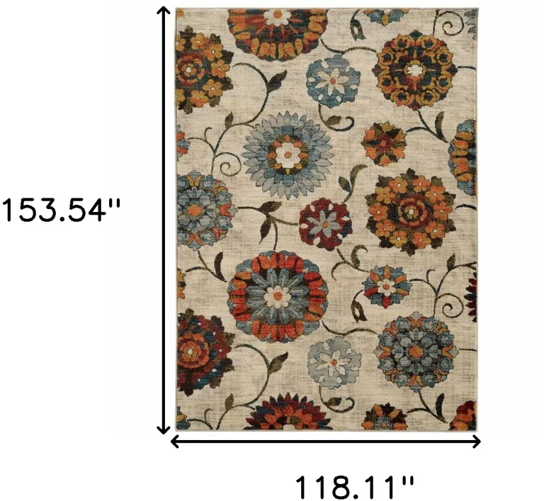 Ivory Blue Gold Green Orange Rust And Teal Floral Power Loom Stain Resistant Area Rug Photo 5