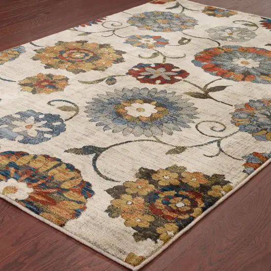 Ivory Blue Gold Green Orange Rust And Teal Floral Power Loom Stain Resistant Area Rug Photo 4