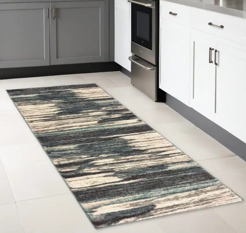 8' Ivory Blue Gray Abstract Layers Indoor Runner Rug Photo 2