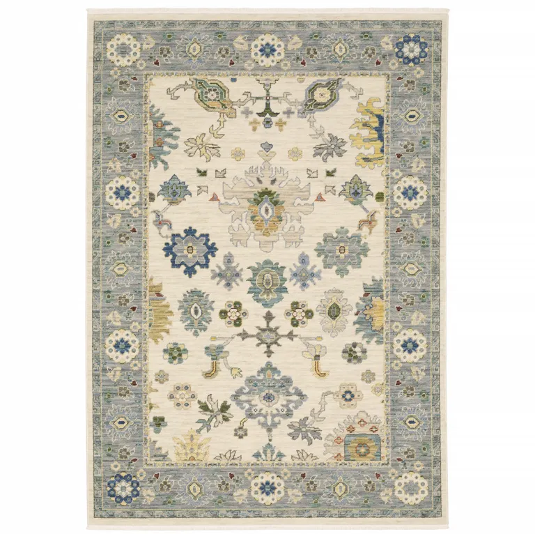 Ivory Blue Grey Teal Gold Green And Rust Oriental Power Loom Stain Resistant Area Rug With Fringe Photo 3