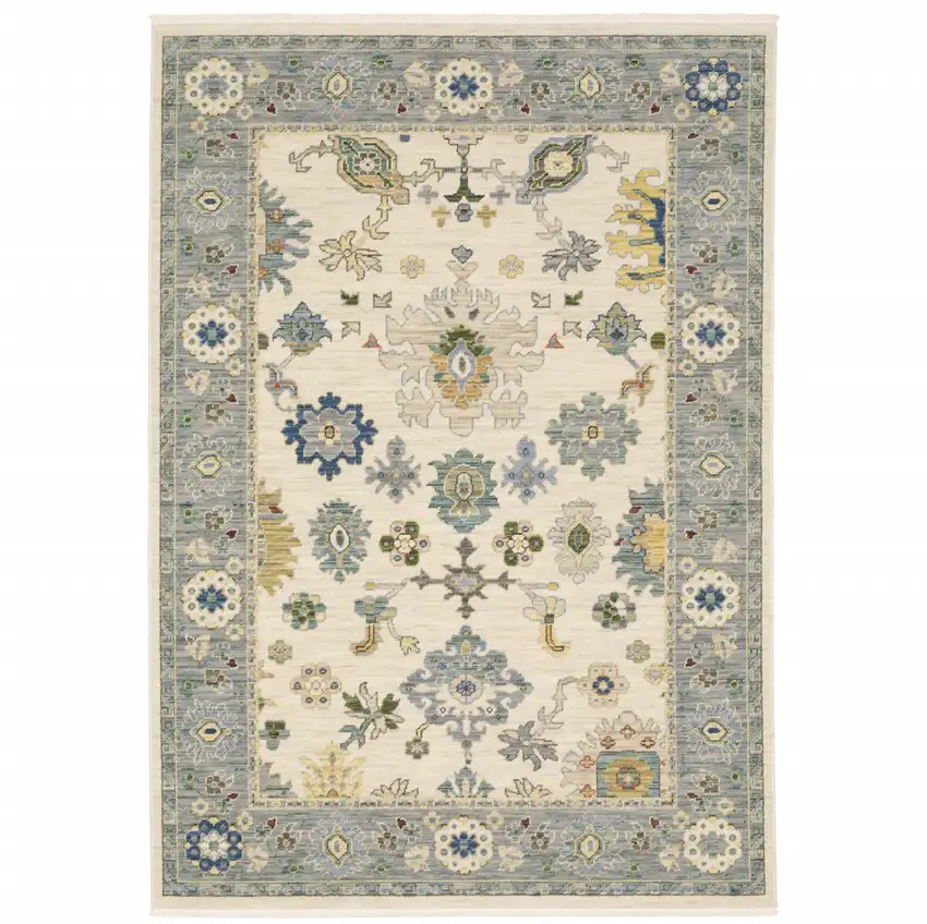 Ivory Blue Grey Teal Gold Green And Rust Oriental Power Loom Stain Resistant Area Rug With Fringe Photo 2