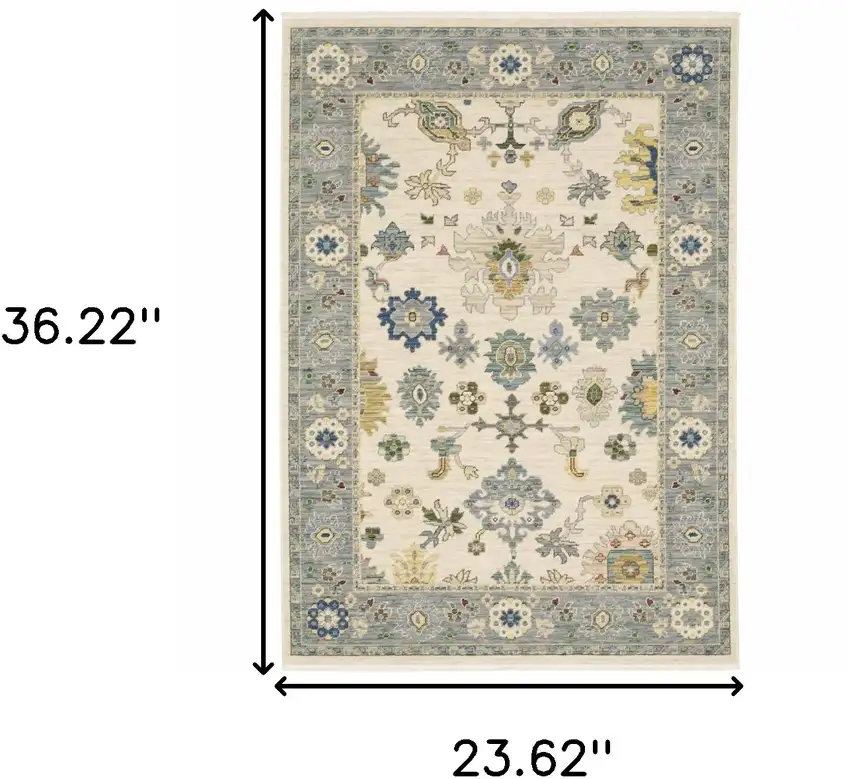 Ivory Blue Grey Teal Gold Green And Rust Oriental Power Loom Stain Resistant Area Rug With Fringe Photo 3