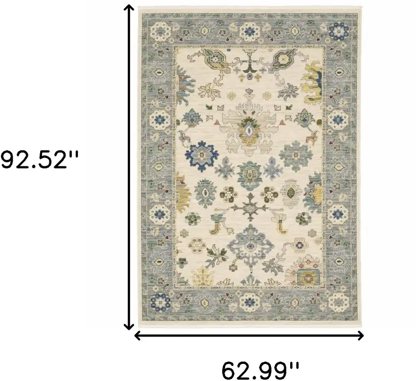 Ivory Blue Grey Teal Gold Green And Rust Oriental Power Loom Stain Resistant Area Rug With Fringe Photo 10