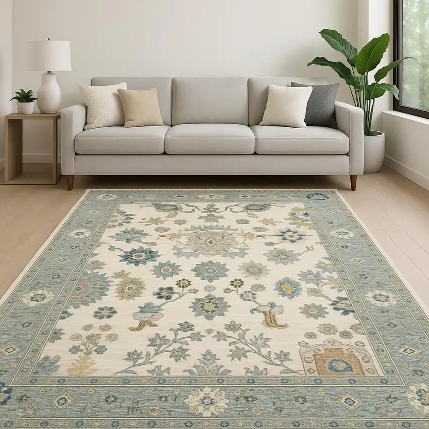 6' X 9' Ivory Blue Grey Teal Gold Green And Rust Oriental Power Loom Stain Resistant Area Rug With Fringe Photo 1