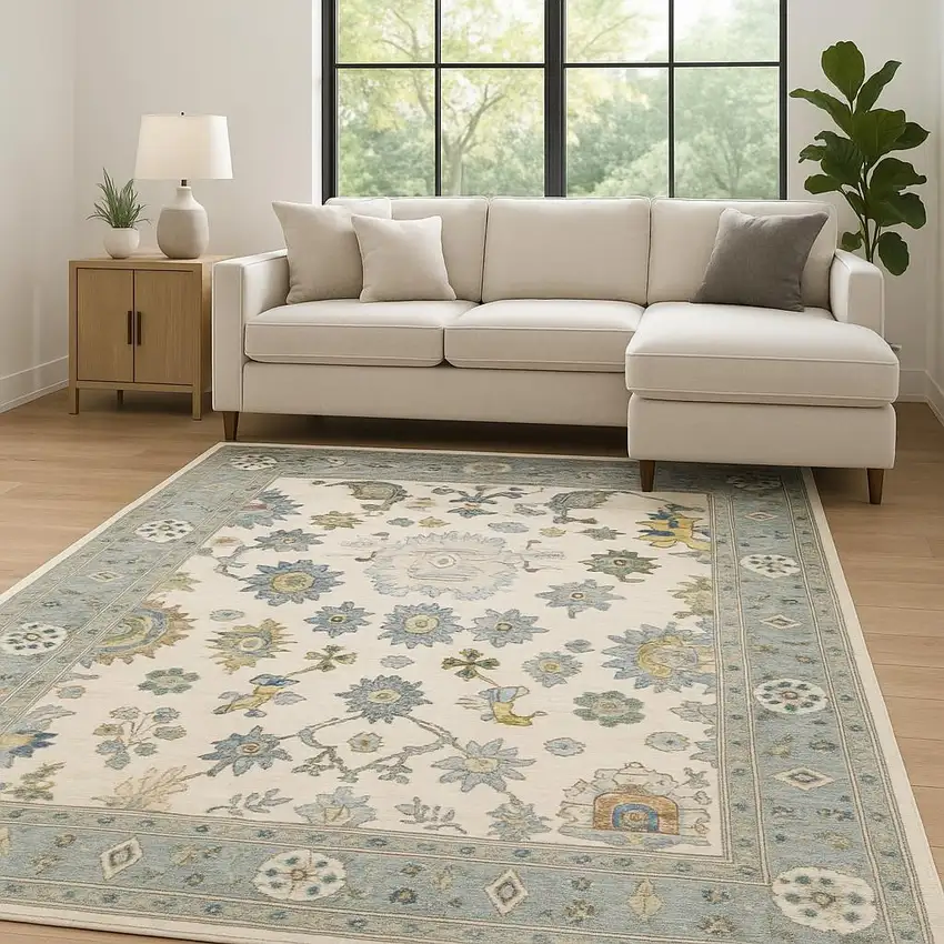 Ivory Blue Grey Teal Gold Green And Rust Oriental Power Loom Stain Resistant Area Rug With Fringe Photo 1