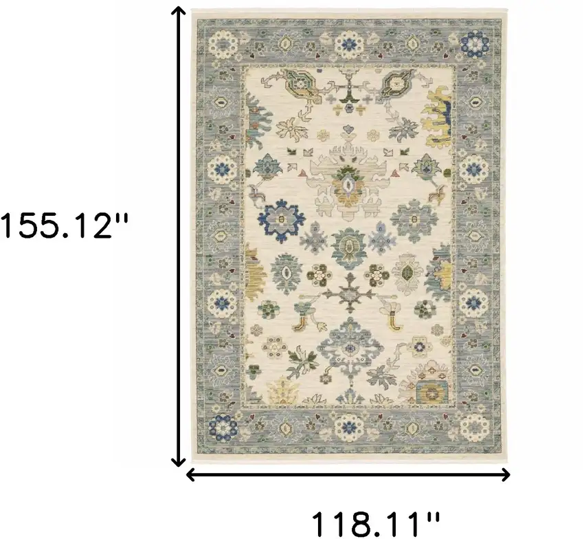 Ivory Blue Grey Teal Gold Green And Rust Oriental Power Loom Stain Resistant Area Rug With Fringe Photo 3