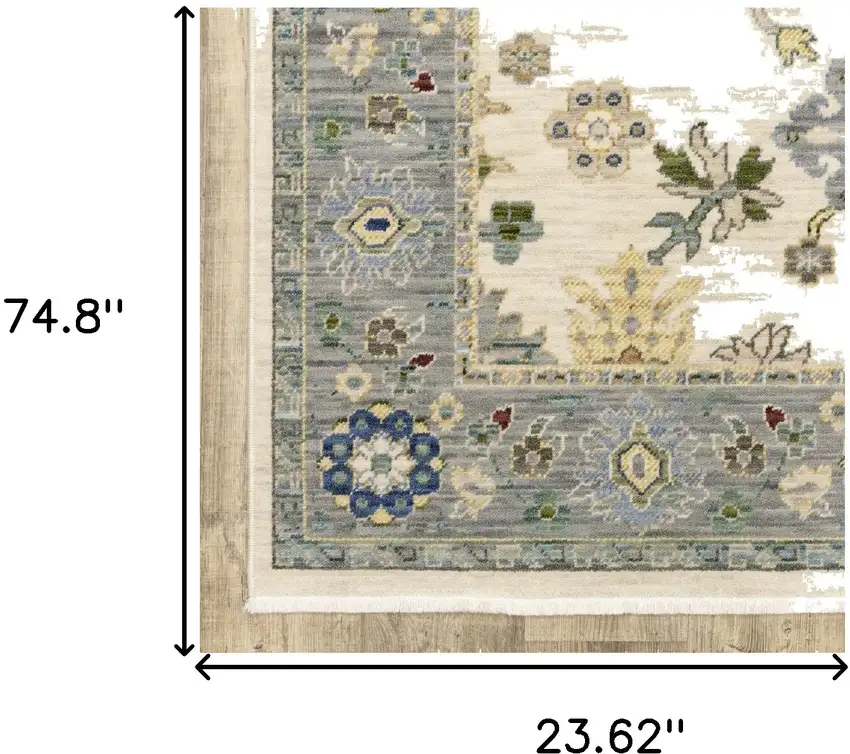 2' X 6' Ivory Blue Grey Teal Gold Green And Rust Oriental Power Loom Stain Resistant Runner Rug With Fringe Photo 9