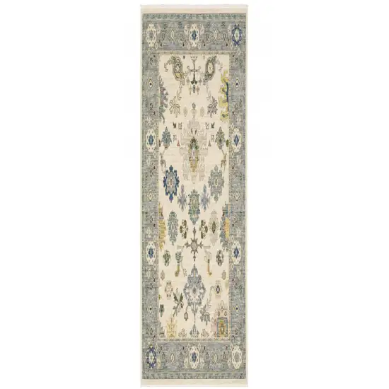 6' Ivory And Blue Oriental Runner Rug With Fringe Photo 2
