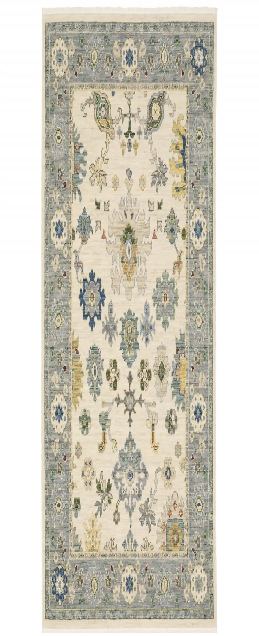 6' Ivory And Blue Oriental Runner Rug With Fringe Photo 2