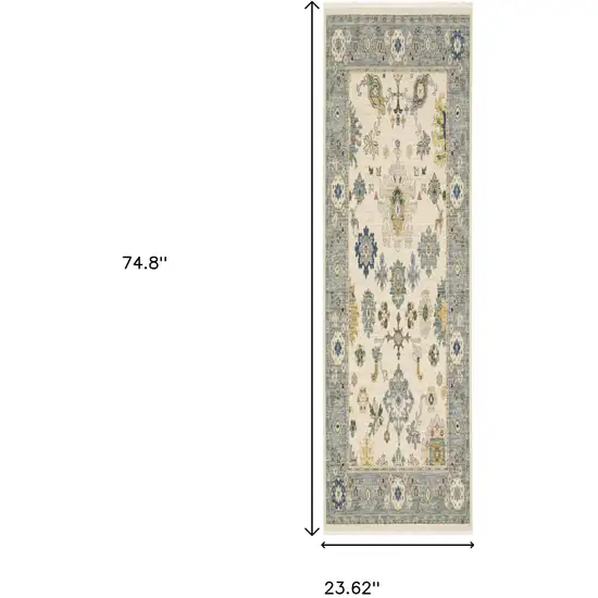 6' Ivory And Blue Oriental Runner Rug With Fringe Photo 3