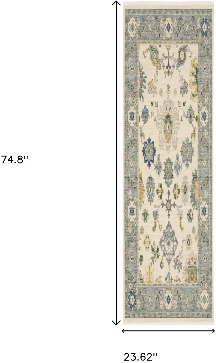6' Ivory And Blue Oriental Runner Rug With Fringe Photo 3