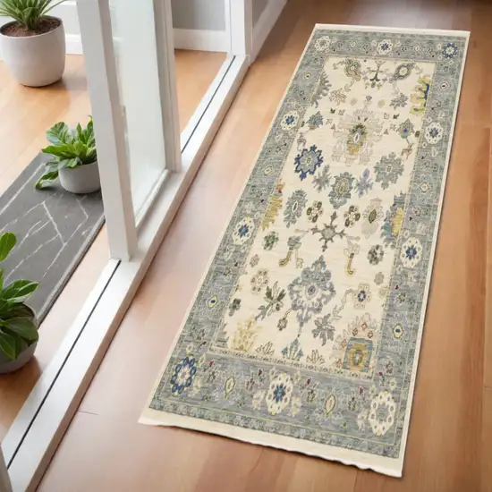 6' Ivory And Blue Oriental Runner Rug With Fringe Photo 1