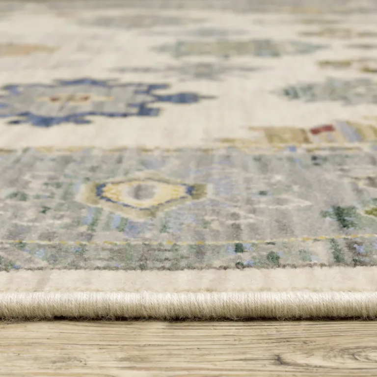 Ivory Blue Grey Teal Gold Green And Rust Oriental Power Loom Stain Resistant Runner Rug With Fringe Photo 5