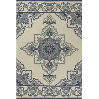 Photo of Ivory Blue Hand Hooked Floral Medallion Indoor Outdoor Accent Rug