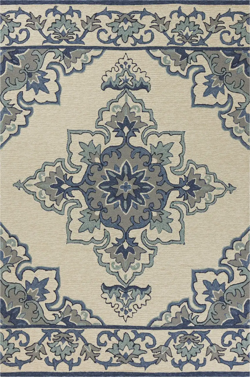 Ivory Blue Hand Hooked Floral Medallion Indoor Outdoor Accent Rug Photo 1