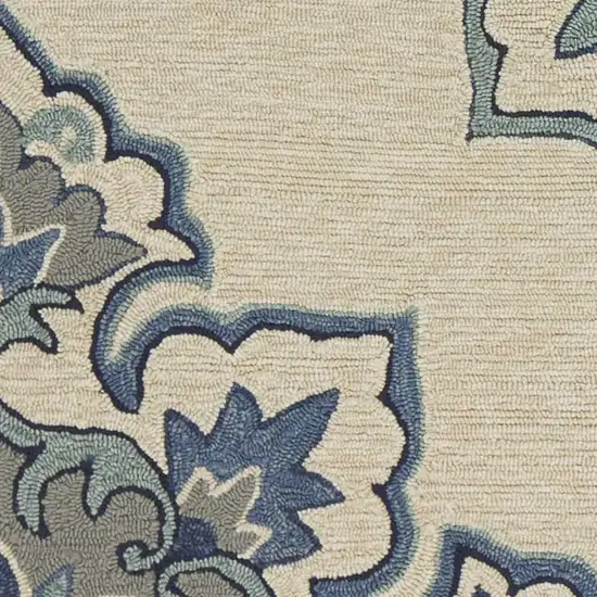 3'X5' Ivory Blue Hand Hooked Floral Medallion Indoor Outdoor Area Rug Photo 3