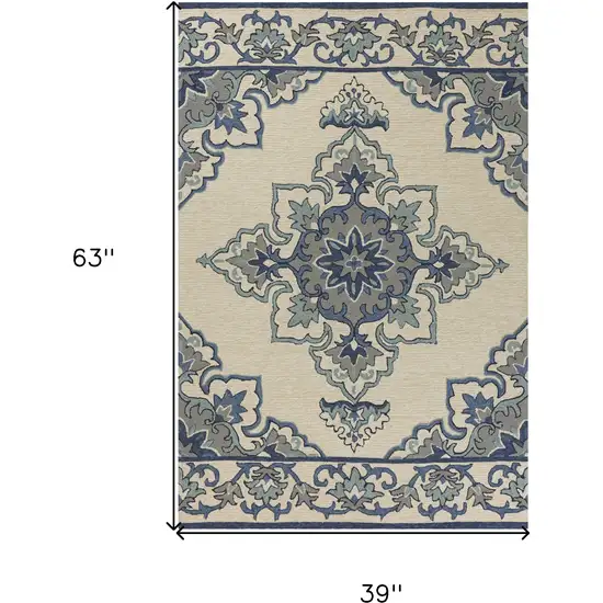 3'X5' Ivory Blue Hand Hooked Floral Medallion Indoor Outdoor Area Rug Photo 7