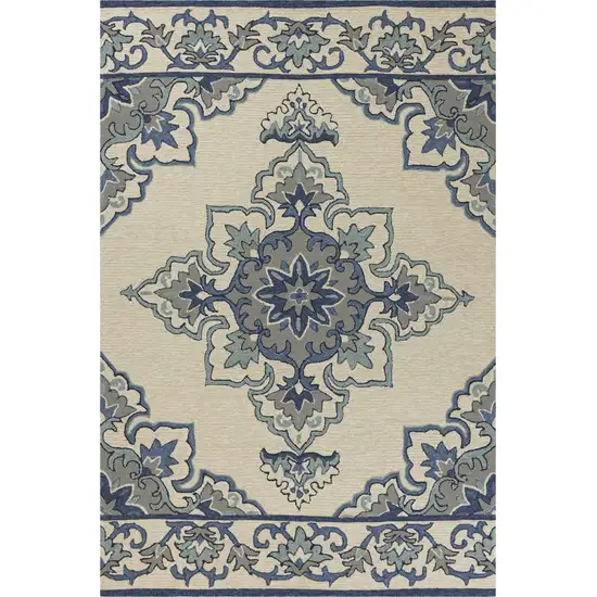 Ivory Blue Hand Hooked Floral Medallion Indoor Outdoor Area Rug Photo 1