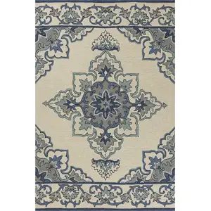 Photo of Ivory Blue Hand Hooked Floral Medallion Indoor Outdoor Area Rug