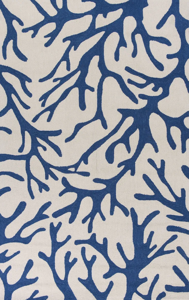 Ivory Blue Hand Hooked Oversized Coral Reef Indoor Accent Rug Photo 1