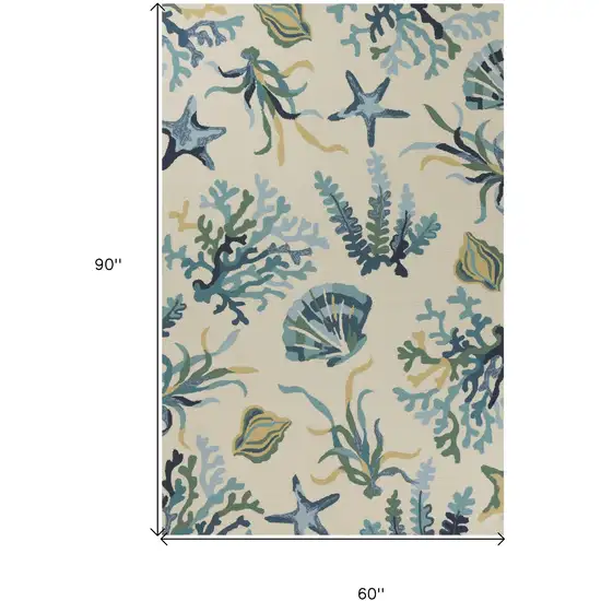 5'X8' Ivory Blue Hand Hooked Uv Treated Coastal Reef Indoor Outdoor Area Rug Photo 3