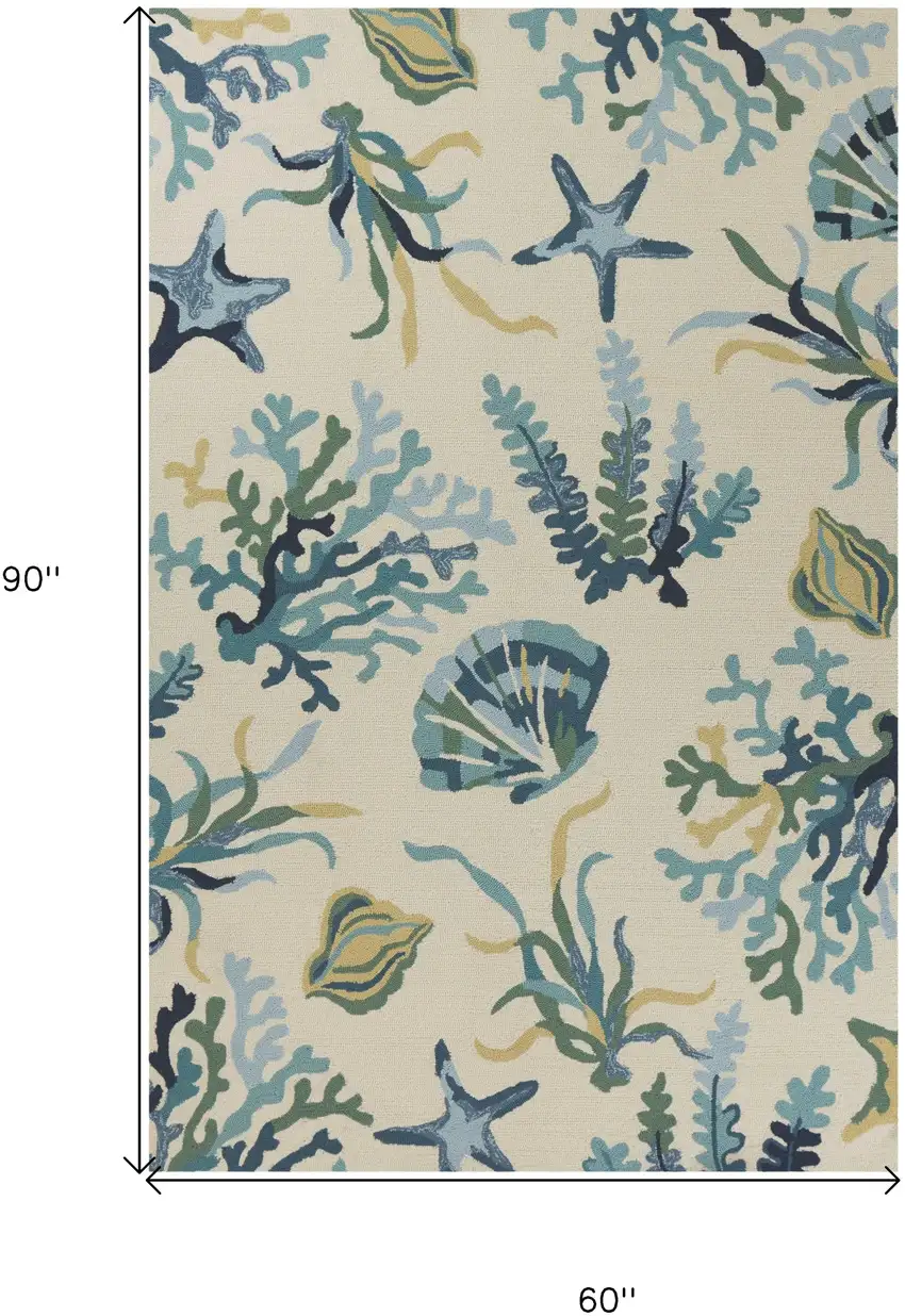 5'X8' Ivory Blue Hand Hooked Uv Treated Coastal Reef Indoor Outdoor Area Rug Photo 3