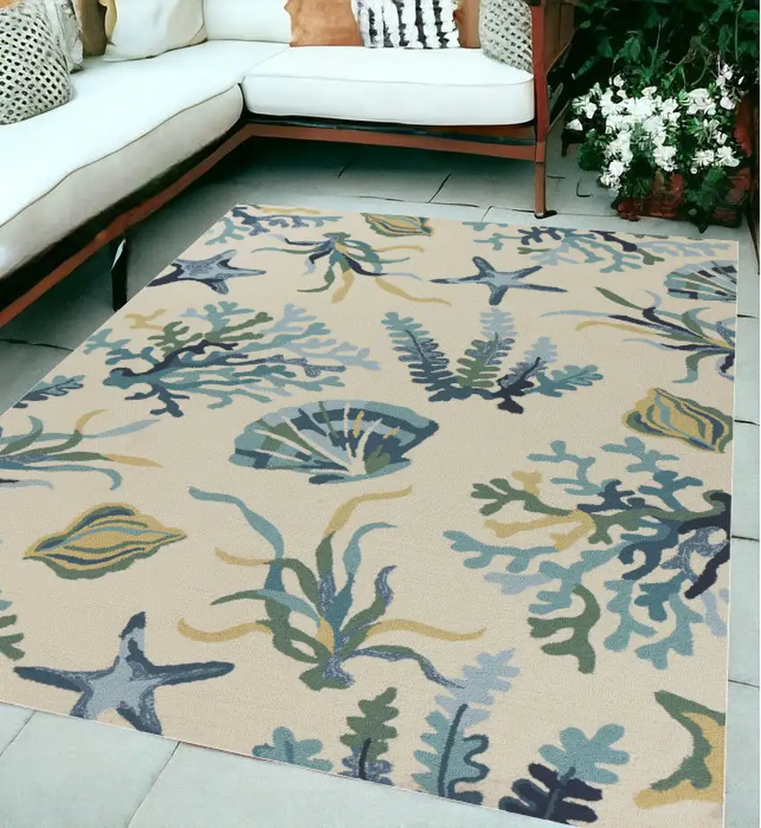 5'X8' Ivory Blue Hand Hooked Uv Treated Coastal Reef Indoor Outdoor Area Rug Photo 1