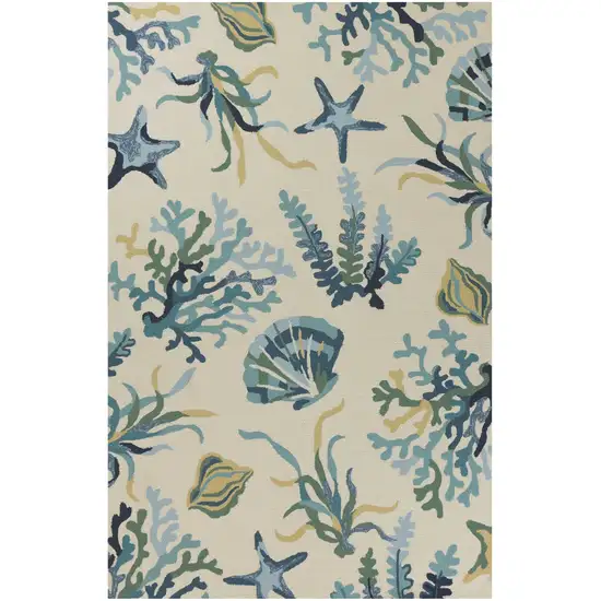5'X8' Ivory Blue Hand Hooked Uv Treated Coastal Reef Indoor Outdoor Area Rug Photo 2