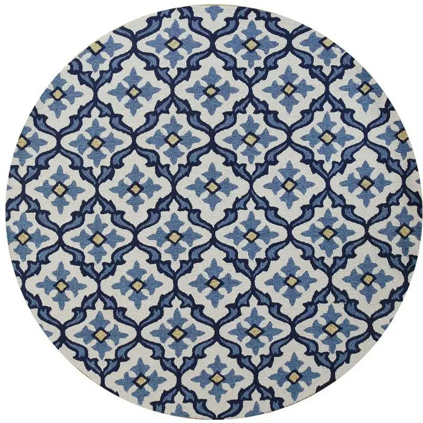 8'  Ivory Blue Hand Hooked Uv Treated Coastal Reef Round Indoor Outdoor Area Rug Photo 4